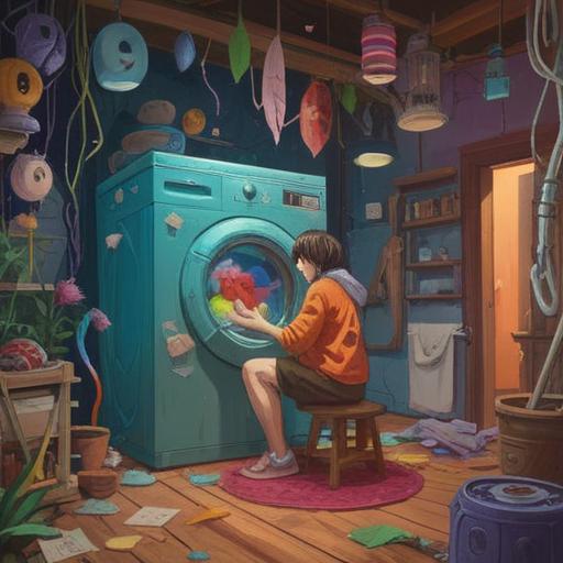 A whimsical illustration of a person contemplating a new washing machine, surrounded by floating symbols representing spiritual signs, such as feathers, angel numbers, and light orbs, serene living room scene, soft natural lighting, thoughtful expression, harmonious colors, inviting atmosphere, cozy home setting, 4k