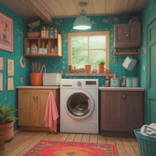 A modern laundry room featuring a brand new washing machine, surrounded by various lucky numbers displayed creatively, bright and cheerful atmosphere, vibrant colors, inviting space, organized laundry supplies, sunlight streaming through a window, 4k
