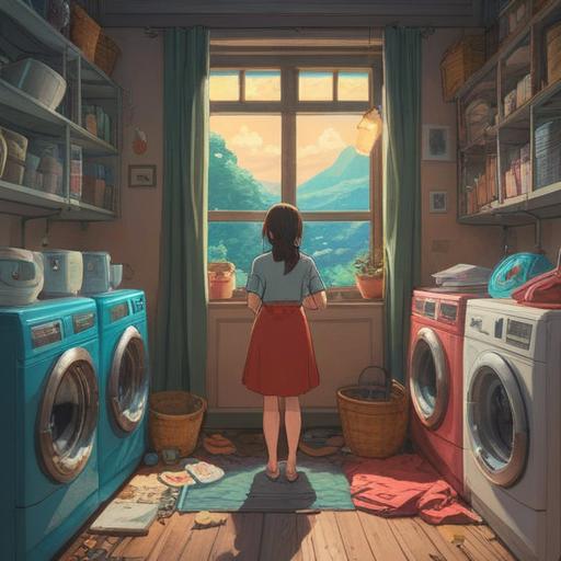 A serene domestic scene, a person thoughtfully examining different washing machines, bright light filtering through a window, a variety of washing machine styles displayed, elements representing luck and choice, symbols of fortune like a four-leaf clover and a horseshoe nearby, a warm and inviting atmosphere, homey details in the background, 4k