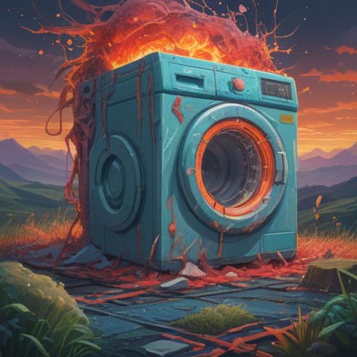 A surreal representation of a broken washing machine, symbolizing internal cleansing and emotional turmoil, surrounded by ethereal light, dreamlike landscape, vibrant colors, flowing water, gentle wisps of steam, contrasting chaos and tranquility, intricate detailing, 4k