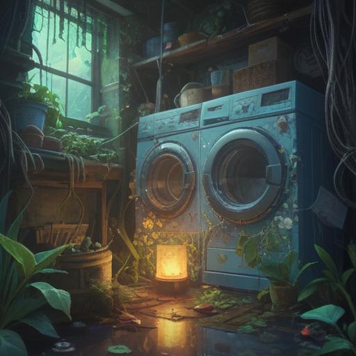 A symbolic representation of a broken washing machine, emitting ethereal light, surrounded by floating spiritual symbols, plants growing from the machine, a sense of transformation and renewal, gentle colors, serene atmosphere, abstract elements conveying spirituality, 4k