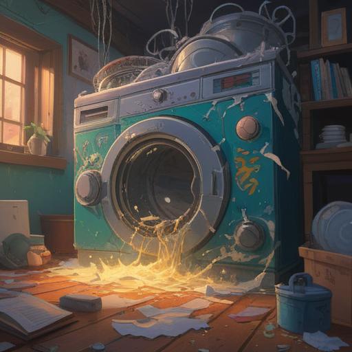 A mystical scene depicting a broken washing machine, ethereal light glowing around it, subtle signs of spiritual messages in the air, floating symbols and imagery representing caution, a swirling aura indicating energy disruption, soft and moody lighting, elements of nature intertwined, reflection of wisdom and awareness, vivid detail, 4k