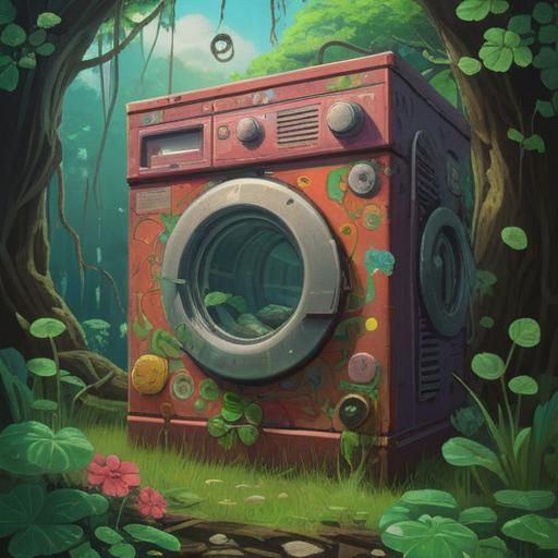 A surreal illustration of a broken washing machine, whimsical elements surrounding it, numbers floating in the air, a giant four-leaf clover symbolizing luck, a chaotic laundry room filled with colorful clothes, beams of light highlighting the lucky number seven, playful and vibrant atmosphere, cartoonish style, 4k