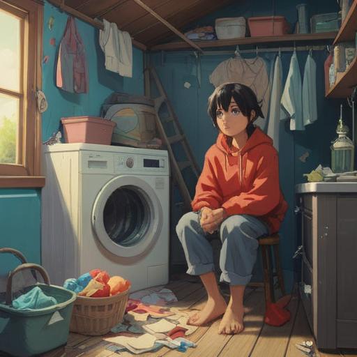 A broken washing machine in a cluttered laundry room, clothes spilling out and scattered, a character sitting nearby looking contemplative, expression reflecting frustration and inner thoughts, soft, muted colors, gentle shadows, warm light filtering through a window, a sense of solitude and introspection, 4k