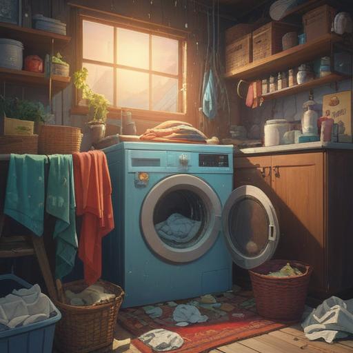 A broken washing machine symbolizing spiritual cleansing, representation of emotional turmoil, overflowing laundry basket, delicate aura of transformation, ethereal light surrounding the washing machine, juxtaposition of chaos and renewal, serene background, introspective mood, 4k