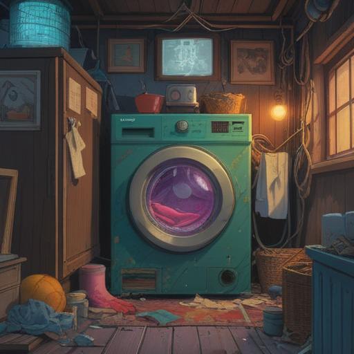 A broken washing machine symbolizing a spiritual awakening, mystical energy surrounding the appliance, subtle signs of transformation, serene atmosphere, light illuminating from the machine, hopeful reflections in shiny, wet clothes, metaphoric representation of cleansing and renewal, 4k