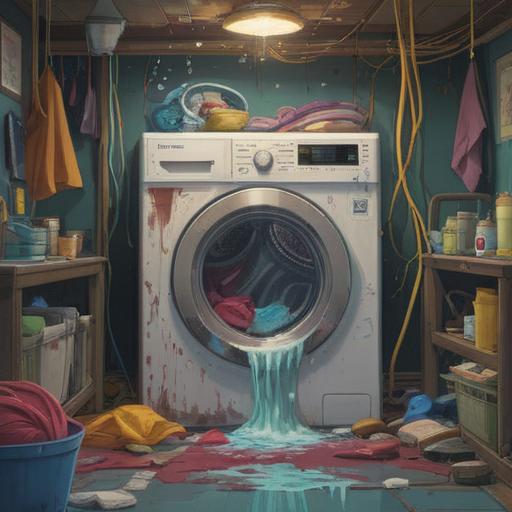 A broken washing machine, symbolizing spiritual signs, water overflowing, messy laundry surroundings, sense of chaos and imbalance, subtle hints of transformation, mystical energy emanating, soft glow of light, reflective surfaces, 4k