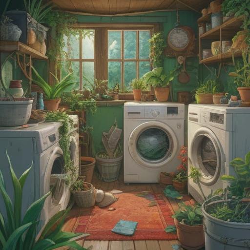 A whimsical scene featuring various lucky plants, vibrant green colors, a broken washing machine in the background, a person experimenting with plant arrangements, sunlight filtering through a window, a cozy indoor atmosphere, cheerful expressions, creative plant placements, 4k