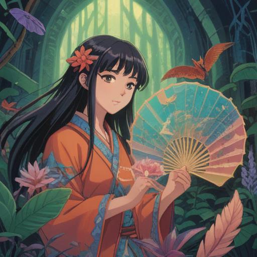 A mystical scene featuring a hand holding a beautifully designed fan, intricate patterns and symbols, surrounded by ethereal light, spiritual aura, serene nature background, peaceful atmosphere, vibrant colors, conveying positive energy and good fortune, 4k