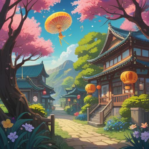 A vibrant illustration of a beautiful fan emitting colorful aromatic wisps, luck symbols floating around, a serene garden background with cherry blossom trees, warm sunlight filtering through leaves, a sense of tranquility and fortune, intricate details on the fan and scents, capturing the essence of luck and aroma, 4k