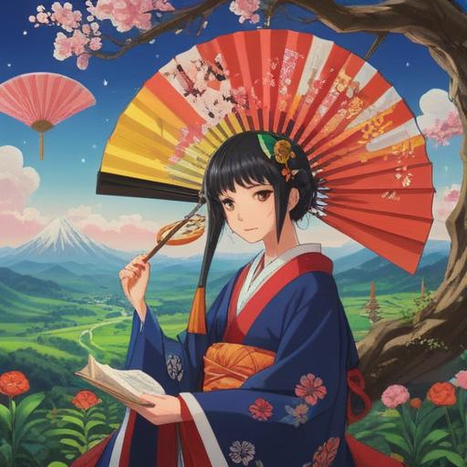 A vibrant illustration of a traditional Japanese fan (扇子) adorned with musical notes, a serene landscape in the background featuring cherry blossoms, a joyful person dancing with the fan in their hand, sunlight filtering through the trees, capturing the essence of music and happiness, a harmonious blend of colors, lively atmosphere, 4k