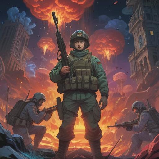 A surreal depiction of a dream involving war, ethereal elements, symbolic imagery of conflict, vibrant colors reflecting emotions, ghostly figures representing soldiers, a landscape of both destruction and hope, mystical light illuminating the scene, deep introspection and transformation, 4k