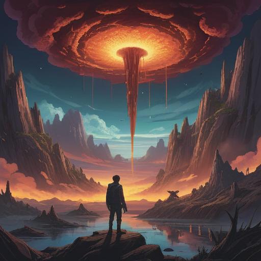 A surreal scene depicting a dream influenced by war, a shadowy battlefield fading into a tranquil landscape, a floating number seven glowing above as a symbol of luck, contrasting colors of dark and light, ethereal clouds swirling, a sense of peace emerging from chaos, mystical atmosphere, 4k