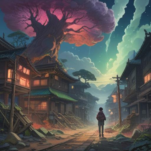 A mystical landscape showcasing the aftermath of an earthquake in Chiba, swirling clouds and ethereal lights, ancient trees bent by the tremor, a serene figure meditating amidst the chaos, symbolic representations of spiritual awakening, a sense of urgency and warning in the air, vivid colors, detailed textures, thought-provoking imagery, 4k