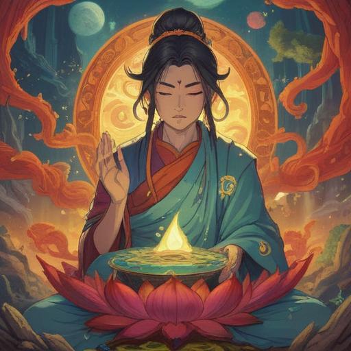 A serene and mystical scene depicting a person holding a lucky stone infused with the energy of the Thousand-Handed Avalokiteshvara, vibrant colors radiating from the stone, surrounded by gentle light, mountains and lush greenery in the background, a sense of peace and enlightenment, soft flowing robes, intricate details in the stone, 4k