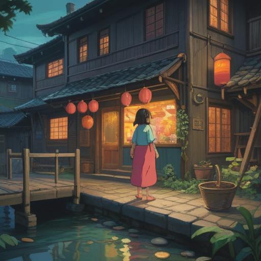 A mystical scene inspired by Spirited Away, depicting Chihiro's journey through a spirit world, vibrant colors highlighting spiritual themes, ethereal creatures representing transformation and growth, a lush bathhouse in the background, dreamlike atmosphere, deep emotional connection, elements of Japanese folklore, 4k