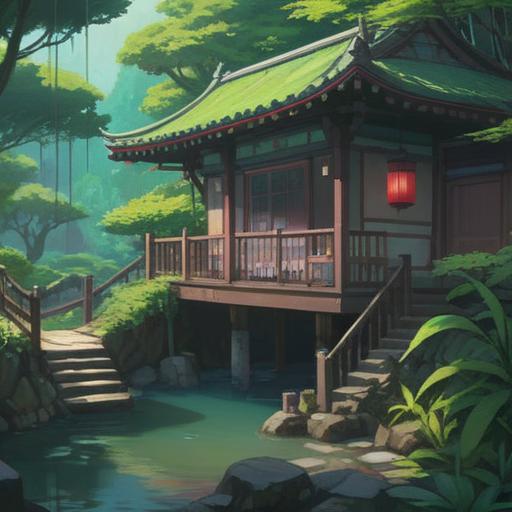 A mystical scene inspired by Spirited Away, ethereal spirits interacting in a tranquil bathhouse, lush greenery surrounding the environment, a sense of wonder and spiritual guidance, soft glowing orbs symbolizing good signs, detailed reflections in water, enchanting atmosphere, 4k