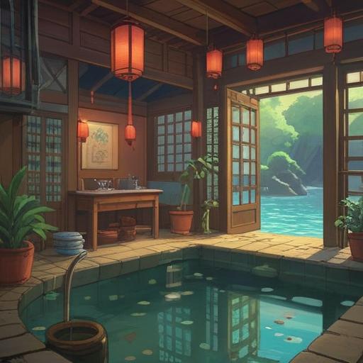 A mystical scene inspired by Spirited Away, ethereal spirits floating, ancient Japanese bathhouse, vibrant colors, serene water reflections, detailed character interactions, hints of spiritual energy, enchanting forest backdrop, intriguing symbols and signs, whimsical atmosphere, 4k
