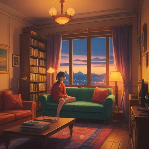 A serene scene depicting a person reflecting on life after watching a touching film, cozy living room setting, warm light from a lamp illuminating a notebook and a pen, a half-empty cup of tea, soft pillows and blankets scattered, a movie poster on the wall, gentle emotional expression, deep contemplation, 4k