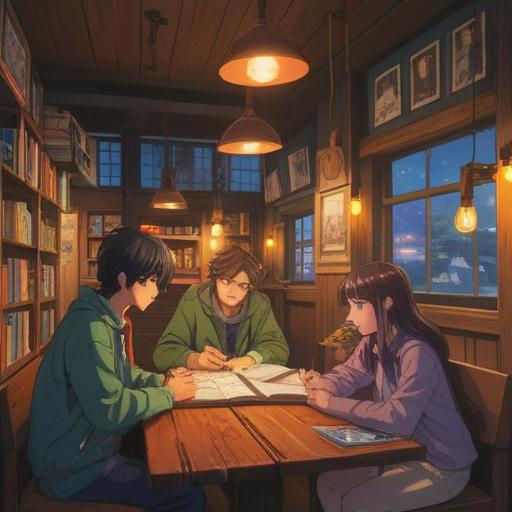 A cozy coffee shop scene, people gathered around a wooden table, discussing ideas and experiences, warm lighting, various books and notebooks scattered, a chalkboard with inspirational quotes, a friendly barista behind the counter, inviting atmosphere, detailed expressions on the characters, 4k
