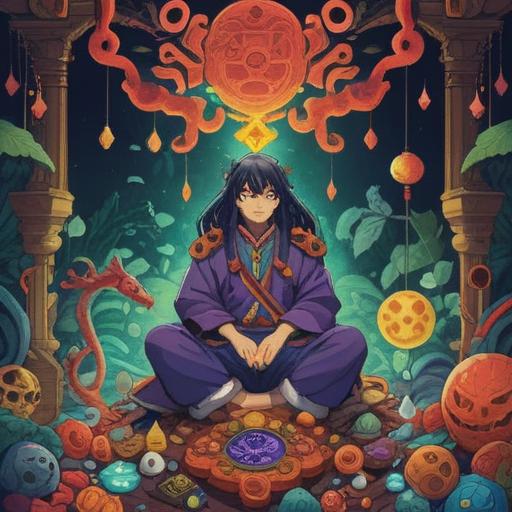 A vivid illustration of a person awakening from a dream inspired by their ancestors, surrounded by lucky items, traditional symbols of fortune such as a four-leaf clover, a lucky cat, and ancient charms, ethereal atmosphere, dreamlike elements, warm sunlight filtering through the window, rich details in the background, harmonious blend of past and present, colorful and enchanting, 4k