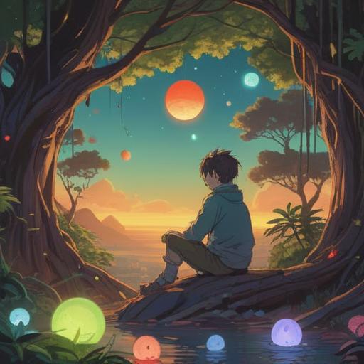 A serene and introspective scene, a person sitting cross-legged in a tranquil setting, surrounded by soft, glowing orbs representing thoughts and ideas, gentle sparkles in the air, a vibrant sunset casting warm hues, symbolizing reflection and patience, mystical elements such as flowing water and lush greenery, ethereal ambiance, 4k