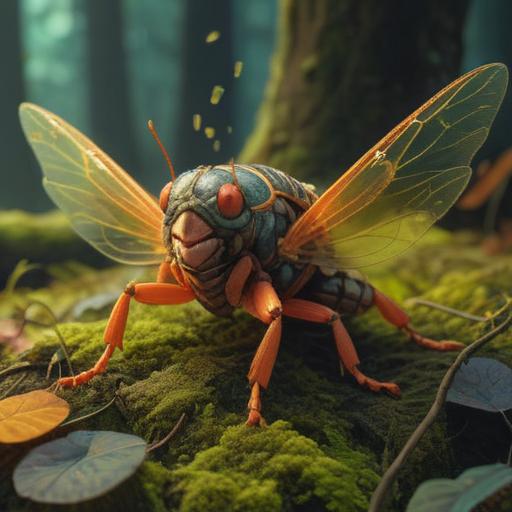 A close-up of a cicada corpse resting on a bed of moss, ethereal light illuminating the intricate details of its fragile wings, surrounded by vibrant greenery, conveying a sense of spirituality and transformation, capturing the essence of life and death, tranquil atmosphere, subtle symbolism, 4k