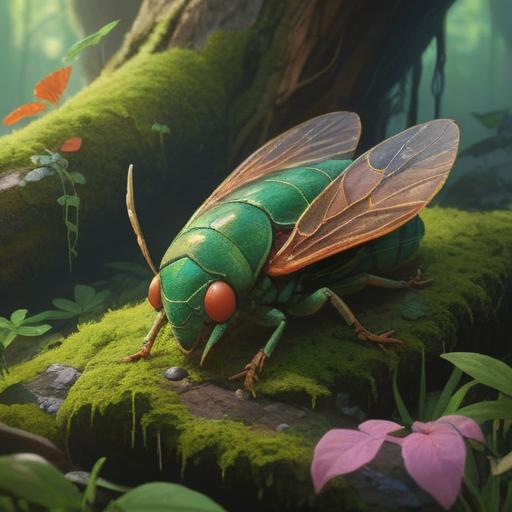 A serene scene depicting a decaying cicada lying on a moss-covered stone, soft sunlight filtering through the leaves above, gentle aura surrounding the cicada, ethereal glow symbolizing spiritual transition, lush greenery in the background, peaceful atmosphere, intricate details on the cicada's wings, nature's cycle of life and death, 4k