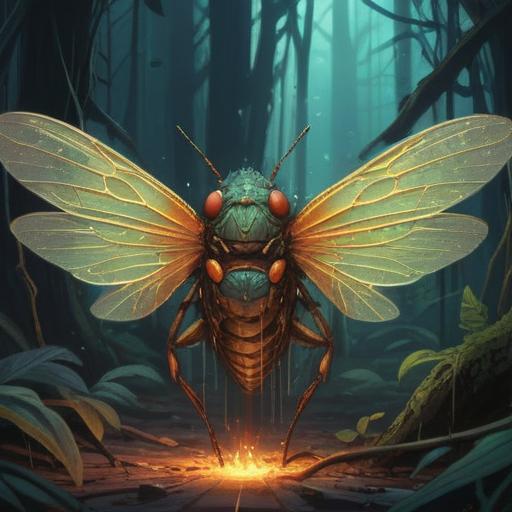 A mystical scene depicting a recent cicada carcass, surrounded by ethereal light, subtle aura emanating from it, symbolic representation of transformation, nature's cycle, serene forest background, invoking deep spiritual insights, vibrant textures, high contrast contrasts, 4k