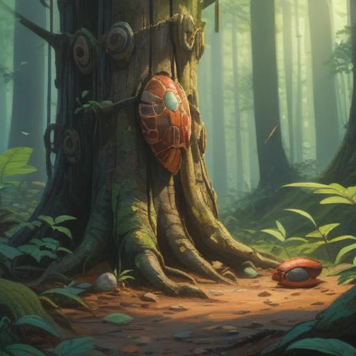 A serene forest scene, a close-up of a tree trunk with a cicada shell clinging to it, soft sunlight filtering through the leaves, a gentle breeze rustling the branches, a sense of spiritual significance surrounding the cicada shell, vibrant green foliage, tranquil atmosphere, symbolic meaning, 4k