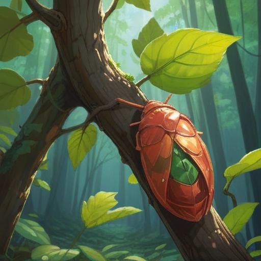 A peaceful outdoor scene depicting a freshly shed cicada shell resting on a tree branch, gentle sunlight filtering through the leaves, a serene garden background, symbols of transformation and change subtly integrated in the environment, ethereal atmosphere, soft focus, vibrant greenery, interpretation of spiritual messages, 4k