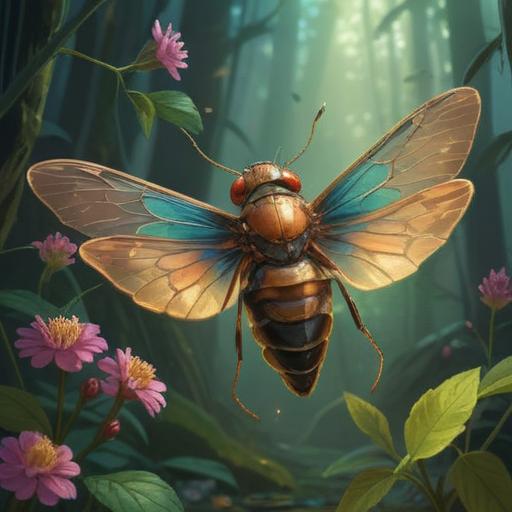 A detailed illustration depicting a dead cicada surrounded by ethereal light, nature elements like leaves and flowers, a serene atmosphere, symbolic representation of transformation and the cycle of life, soft focus on the cicada, vibrant colors contrasting with the muted background, spiritual themes, 4k