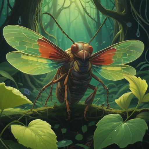 A spiritual scene depicting a cicada carcass resting on a vibrant green leaf, surrounded by ethereal light, symbols of good fortune gently floating around, serene forest background, soft glowing aura, deep connection to nature, tranquil atmosphere, butterflies representing transformation, harmonious balance, 4k