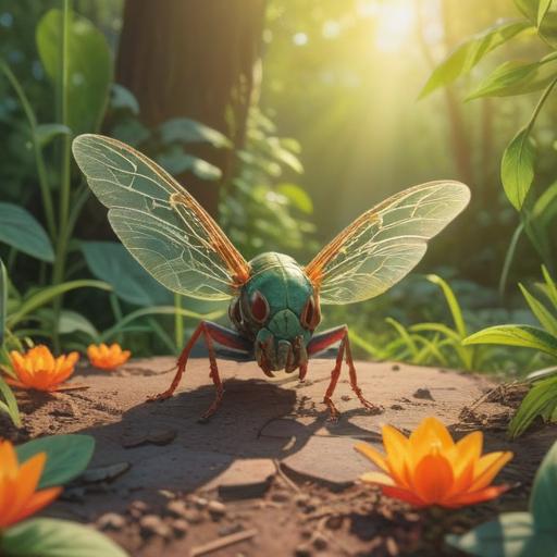 A serene garden scene, a detailed close-up of a cicada's exoskeleton on the ground, soft sunlight filtering through the leaves, a gentle breeze rustling the trees, ethereal light surrounding the cicada, symbols of spiritual awakening in the background, a tranquil atmosphere, nature's cycle of life and death, signs from the universe, mindfulness and reflection, 4k