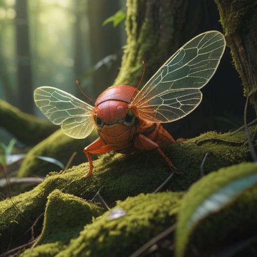 A serene forest scene, sunlight filtering through the leaves, a delicate cicada shell resting on a moss-covered rock, surrounded by vibrant greenery, a sense of discovery and luck in the air, intricate details on the cicada shell, tranquil atmosphere, 4k