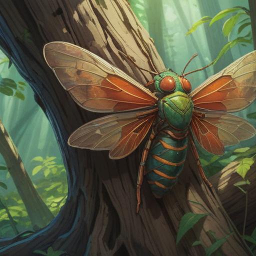 A close-up view of a cicada exoskeleton resting on a weathered tree trunk, sunlight filtering through the leaves above, intricate details of the transparent wings and segmented body, surrounded by a soft, blurred background of lush greenery, symbolizing transformation and renewal, peaceful atmosphere, 4k