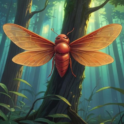 A serene forest scene depicting cicadas perched on tree branches, ethereal light filtering through the leaves, an aura of tranquility and connection to nature, symbols of rebirth and transformation, vibrant green surroundings, softly glowing cicadas, harmonious atmosphere, 4k