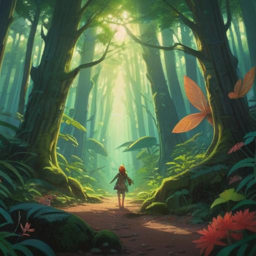 A serene forest scene, cicadas singing in harmony, soft sunlight filtering through leaves, vibrant green foliage, mystical aura, a figure meditating peacefully, energy radiating around, gentle breeze, harmonious connection with nature, 4k