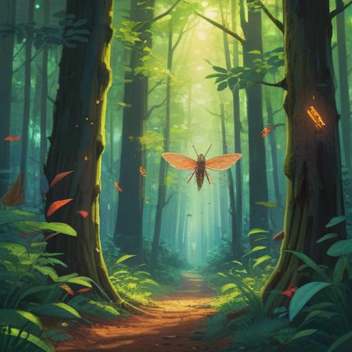 A serene forest scene, cicadas singing in the background, ethereal light filtering through the trees, hidden messages in the leaves, spiritual symbols scattered on the ground, a tranquil pond reflecting the surroundings, a mystical atmosphere, a sense of tranquility and awareness, 4k