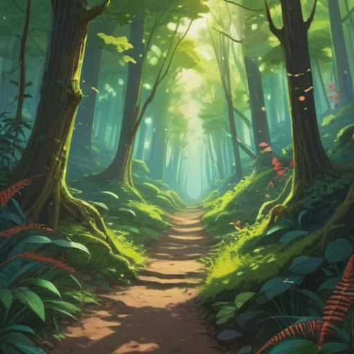 A serene, sunlit forest scene with cicadas singing, lush green trees swaying gently, a peaceful path leading to a small clearing, a figure sitting on a bench, deeply immersed in thought, surrounded by nature's beauty, soft rays of sunlight filtering through the leaves, evoking a sense of tranquility and reflection, 4k