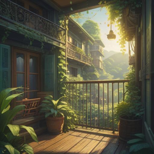 A serene, spiritual illustration featuring a balcony surrounded by lush greenery, cicadas perched on wooden railing, sunlight filtering through leaves, ethereal glow, symbolic representation of summer and transformation, tranquil atmosphere, soothing colors, harmony with nature, 4k