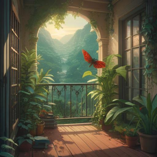 A serene balcony scene, cicadas singing in the background, lush green plants surrounding, soft sunlight filtering through leaves, peaceful atmosphere, hint of spirituality, a gentle breeze rustling, warm colors, inviting texture, 4k
