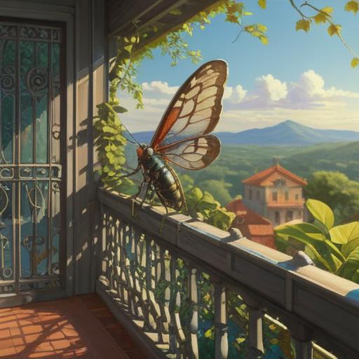 A serene balcony scene, a majestic cicada perched on the railing, sunlight filtering through leaves, subtle energy radiating from the cicada, hints of spiritual symbolism, gentle breeze causing soft shadows, tranquil atmosphere, nature's connection, vibrant greenery surrounding the balcony, 4k