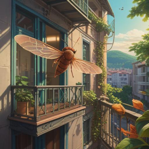 A serene scene with a cicada on a balcony, resonating with a lucky charm, soft sunlight filtering through leaves, intricate details of the charm, tranquil atmosphere, vibrant colors, lush greenery, peaceful setting, 4k