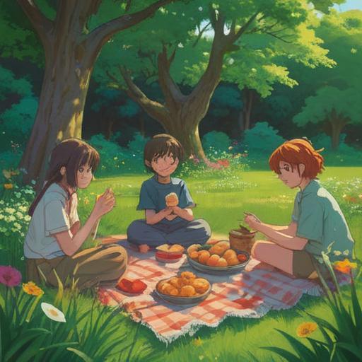 A vibrant summer scene, lush green fields, blooming flowers, children playing joyfully, warm sunlight streaming through trees, a family picnic, feelings of happiness and togetherness, serene atmosphere, nature's beauty, 4k