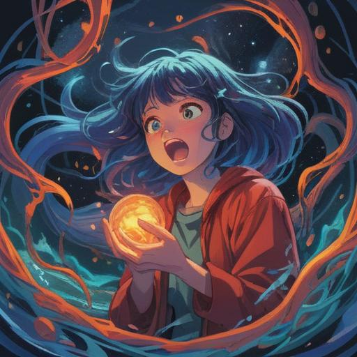 A person clicking their tongue, surrounded by a mystical aura, representing spiritual frustration, vibrant energy waves, symbolism of communication barriers, ethereal background with soft light, thoughtful expression, deep in contemplation, 4k