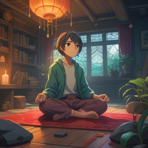 A serene indoor meditation scene, a person sitting cross-legged, practicing mindfulness, a calm expression on their face, surrounded by soft lighting and natural elements, a peaceful atmosphere, visualization techniques illustrated, focus on inner peace and resilience, 4k