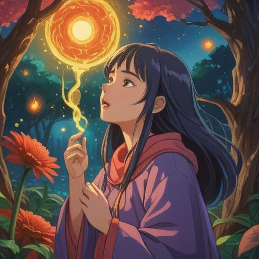 A serene and mystical illustration, symbols of spiritual significance surrounding a person, a figure gently clicking their tongue, warm light emanating from their mouth, ethereal energy waves radiating outward, nature elements like flowers and trees representing growth, tranquil atmosphere, vibrant colors, harmonious composition, a sense of enlightenment and positive energy, 4k