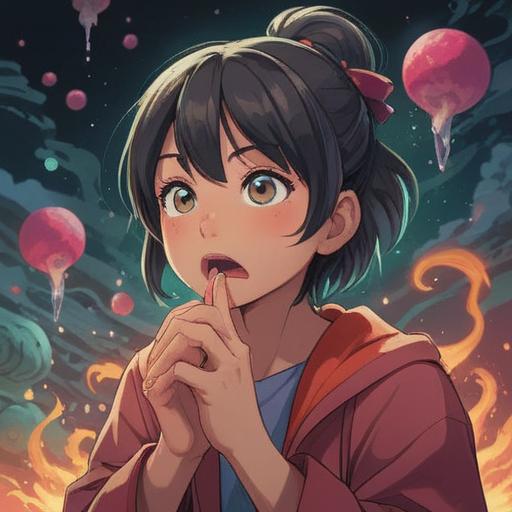 A serene and mystical scene depicting a person gently biting their tongue, surrounded by ethereal light, symbols of energy and spirituality floating around, a peaceful expression on their face, soft pastel colors, dreamy atmosphere, nature in the background, hint of enlightenment, 4k