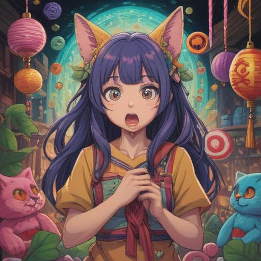 A whimsical illustration of a character who just bit their tongue, surrounded by symbolic representations of good luck, like lucky charms and four-leaf clovers, bright and cheerful colors, a playful and lighthearted atmosphere, dynamic expressions, magical glowing elements, cartoonish style, 4k